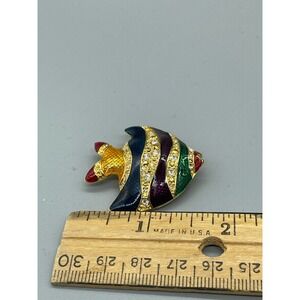 Vintage Enamel Rhinestone Tropical Fish Brooch Gold Tone Coastal Nautical Pin
